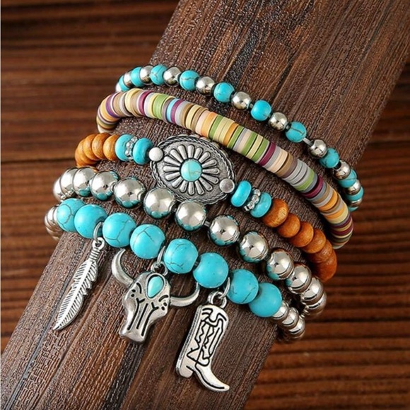 ✨NEW Bohemian Turquoise and Silver Beaded Cowboy Layered Bracelet  Set